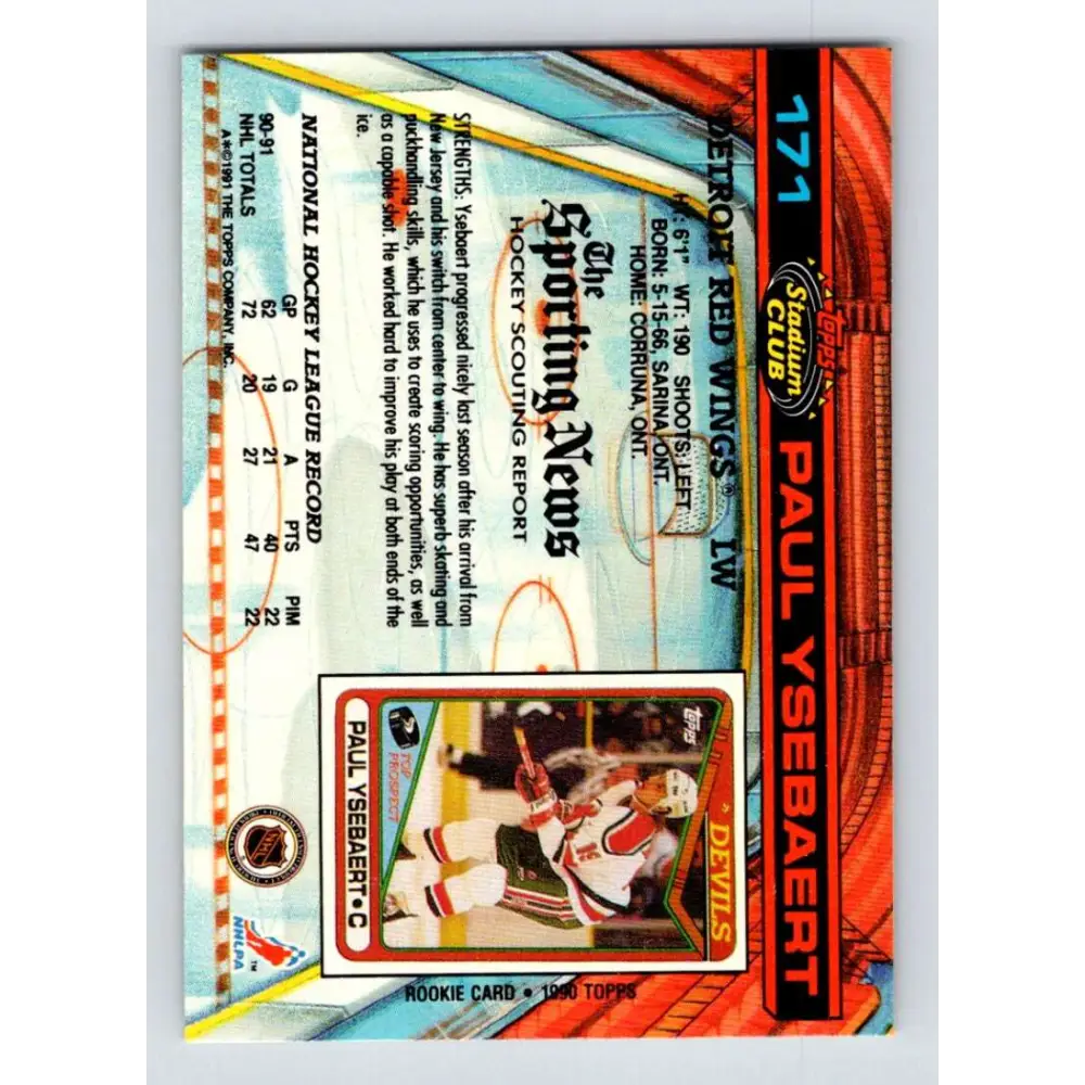 1991-92 Topps Stadium Club #171 Paul Ysebaert UER NM-MT Detroit Red Wings Hockey Card Image 2