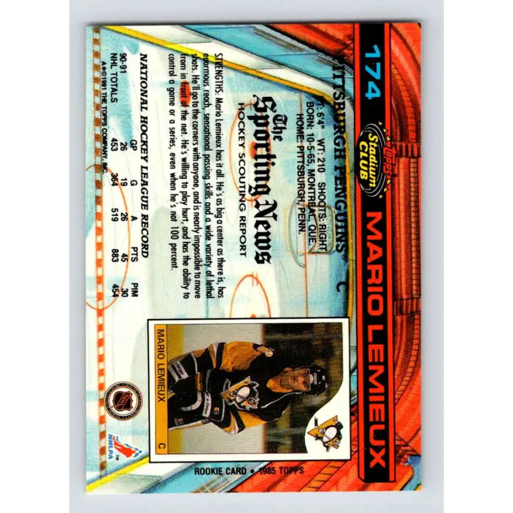 1991-92 Topps Stadium Club #174 Mario Lemieux NM-MT Pittsburgh Penguins Hockey Card Image 2