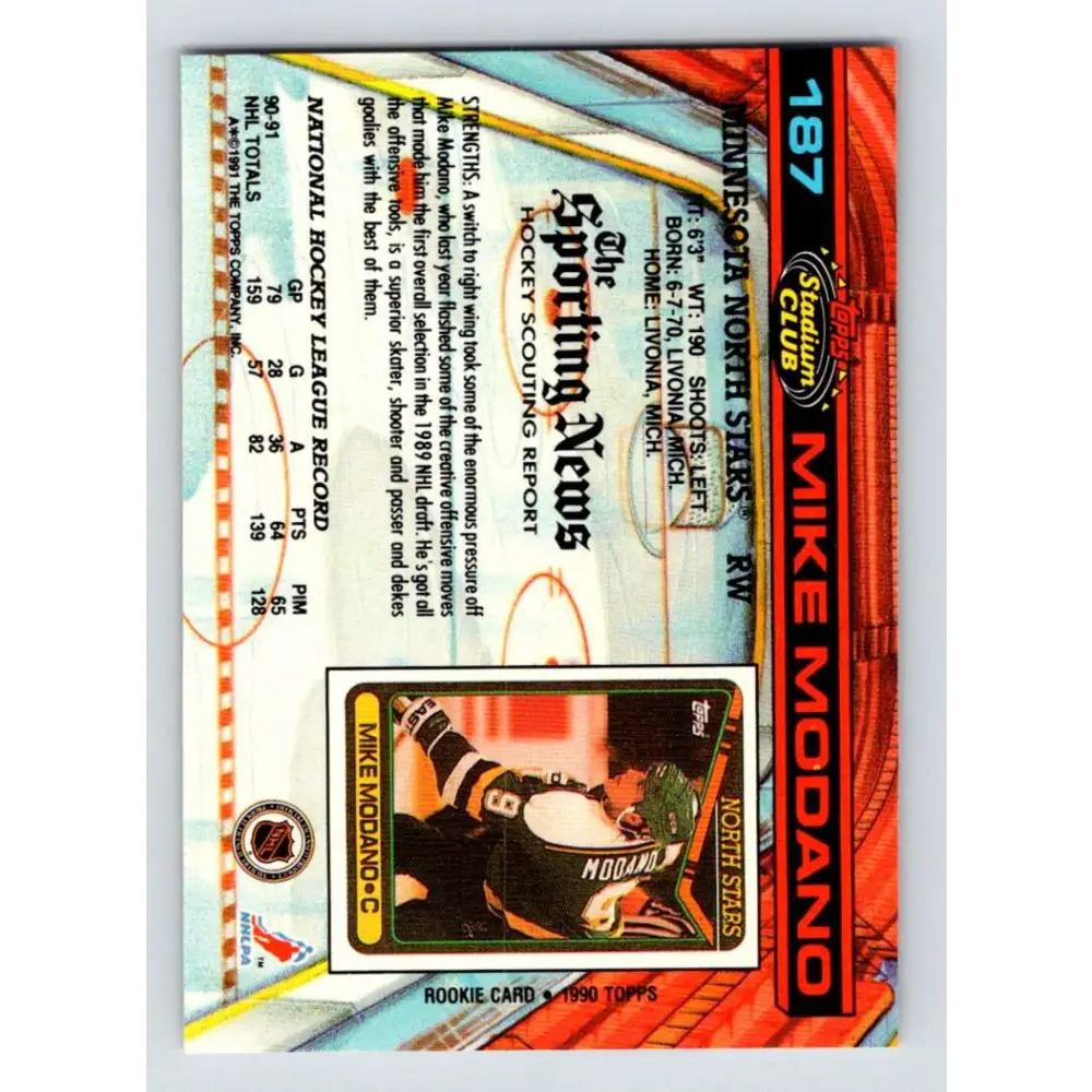 1991-92 Topps Stadium Club #187 Mike Modano NM-MT Minnesota North Stars Hockey Card Image 2