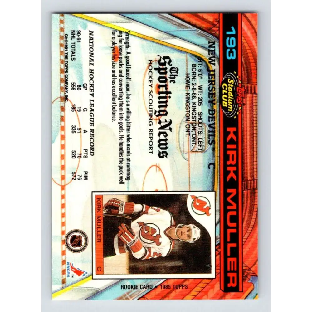 1991-92 Topps Stadium Club #193 Kirk Muller NM-MT New Jersey Devils Hockey Card Image 2