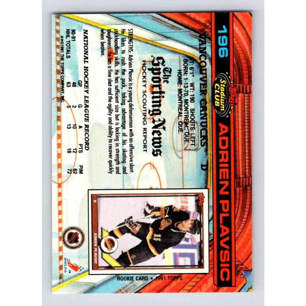 1991-92 Topps Stadium Club #196 Adrien Plavsic NM-MT Vancouver Canucks Hockey Card Image 2