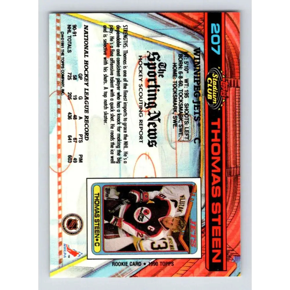 1991-92 Topps Stadium Club #207 Thomas Steen NM-MT Winnipeg Jets Hockey Card Image 2