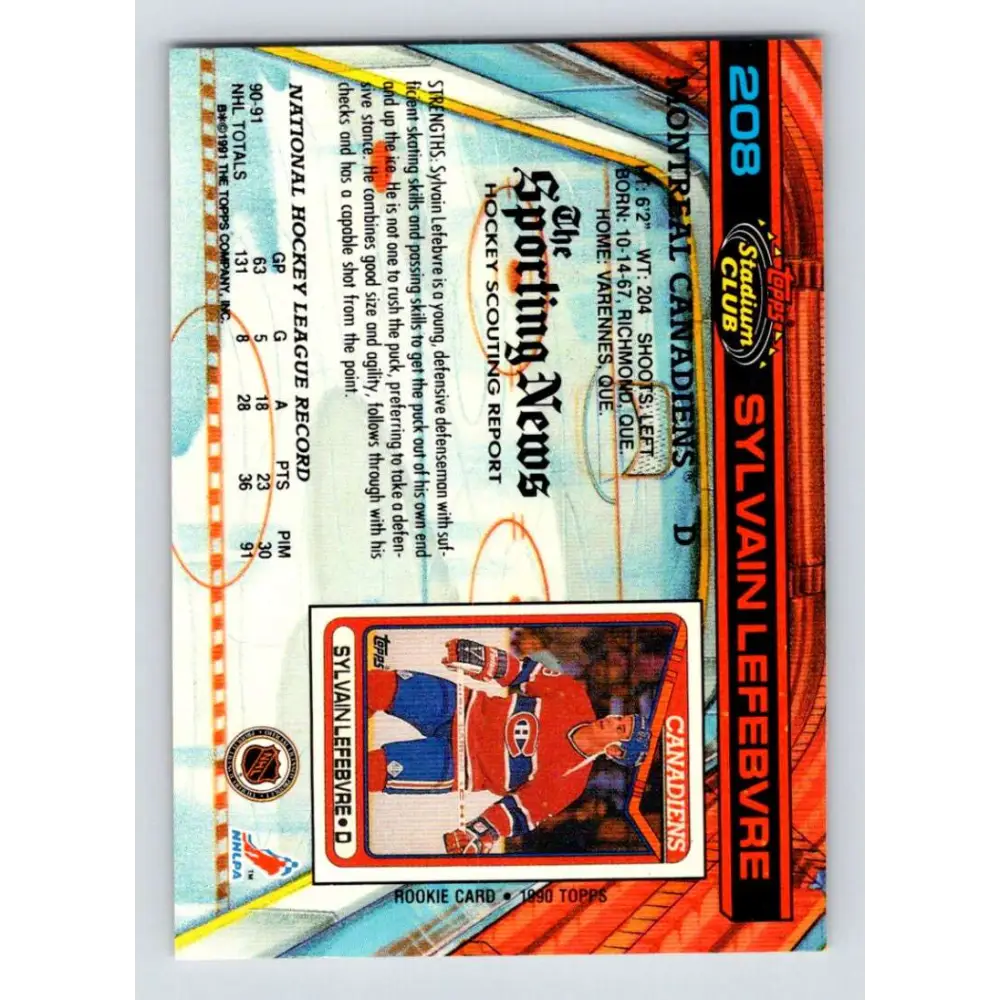 1991-92 Topps Stadium Club #208 Sylvain Lefebvre NM-MT Montreal Canadiens Hockey Card Image 2