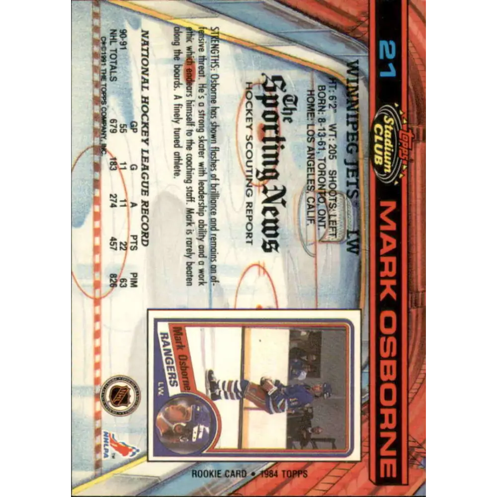 1991-92 Topps Stadium Club #21 Mark Osborne NM-MT Winnipeg Jets Hockey Card Image 2