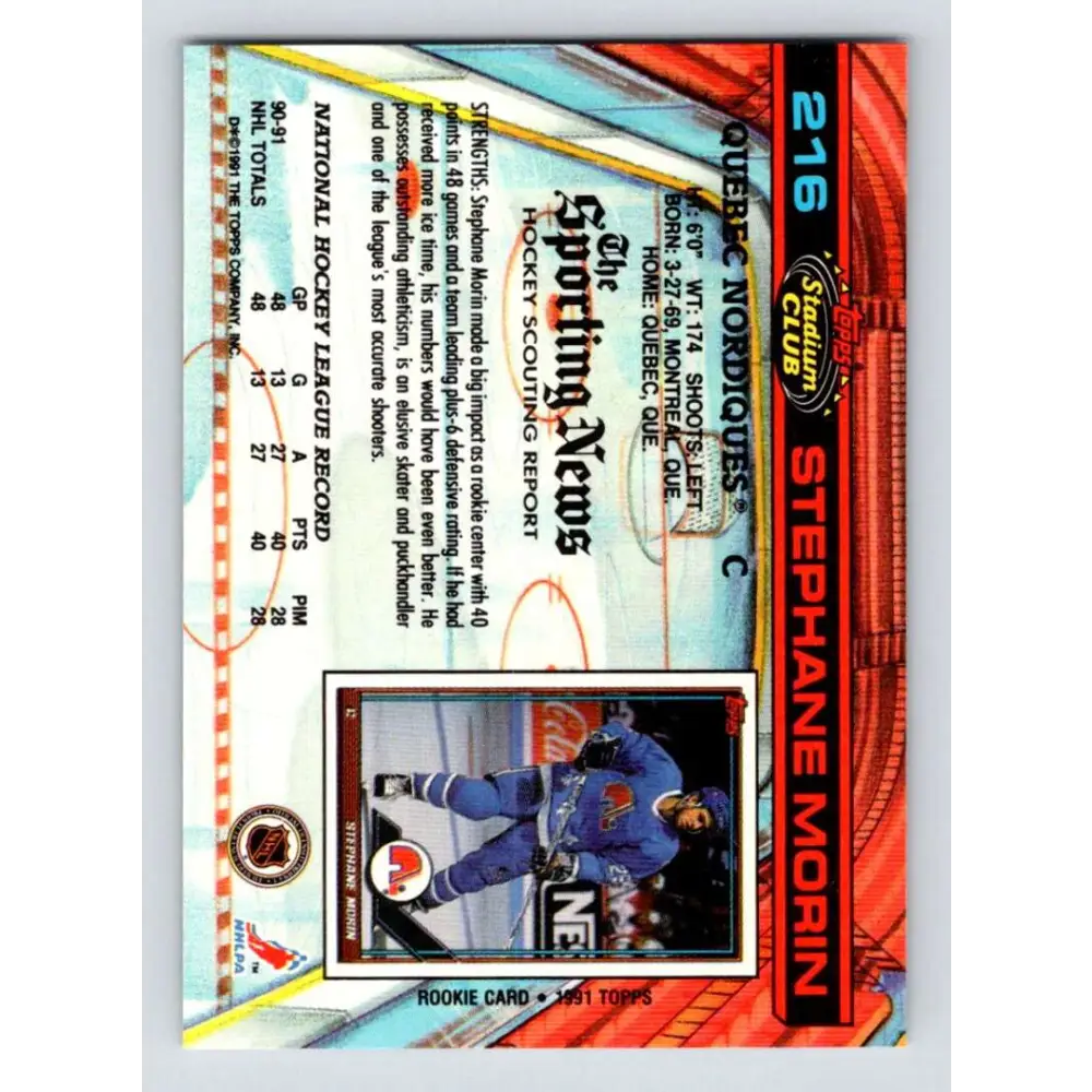 1991-92 Topps Stadium Club #216 Stephane Morin UER NM-MT Quebec Nordiques Hockey Card Image 2