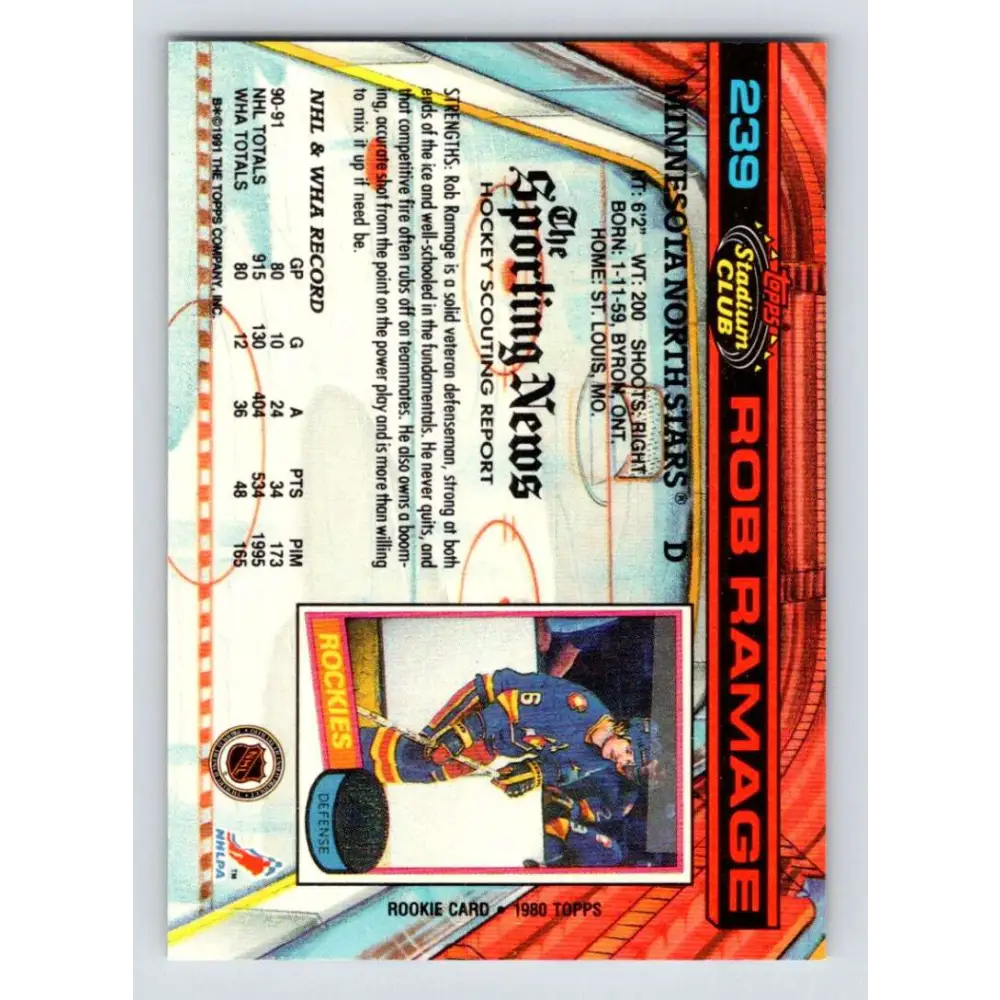 1991-92 Topps Stadium Club #239 Rob Ramage NM-MT Minnesota North Stars Hockey Card Image 2