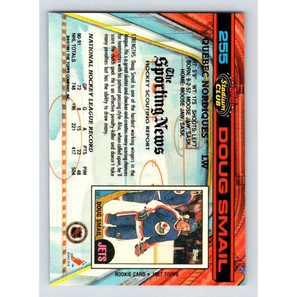 1991-92 Topps Stadium Club #255 Doug Smail NM-MT Quebec Nordiques Hockey Card Image 2