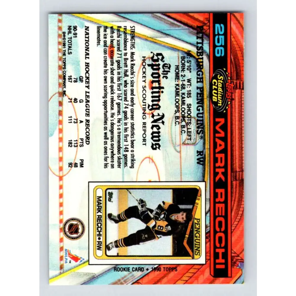 1991-92 Topps Stadium Club #256 Mark Recchi NM-MT Pittsburgh Penguins Hockey Card Image 2