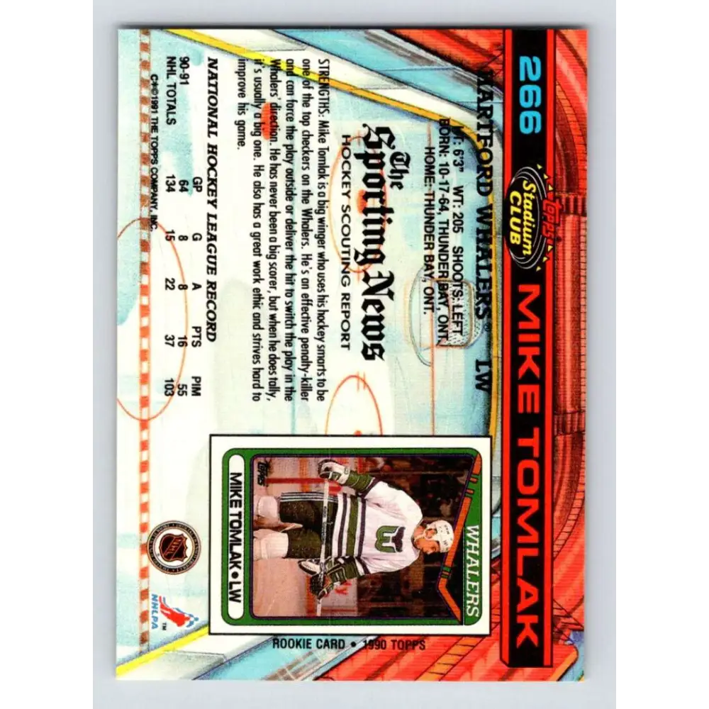 1991-92 Topps Stadium Club #266 Mike Tomlak NM-MT Hartford Whalers Hockey Card Image 2