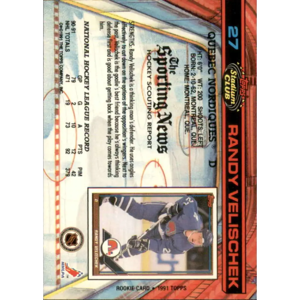 1991-92 Topps Stadium Club #27 Randy Velischek NM-MT Quebec Nordiques Hockey Card Image 2