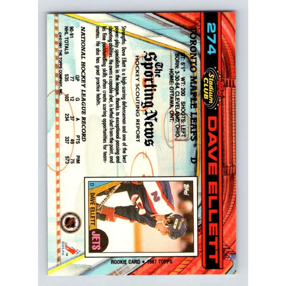 1991-92 Topps Stadium Club #274 Dave Ellett NM-MT Toronto Maple Leafs Hockey Card Image 2