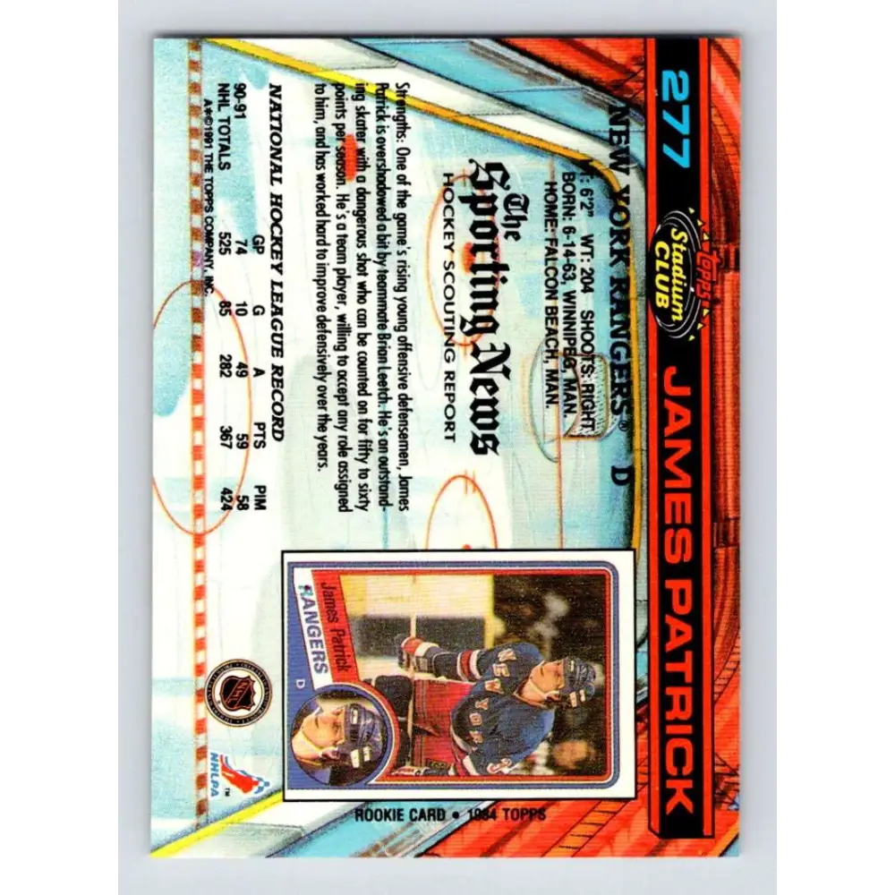 1991-92 Topps Stadium Club #277 James Patrick NM-MT New York Rangers Hockey Card Image 2