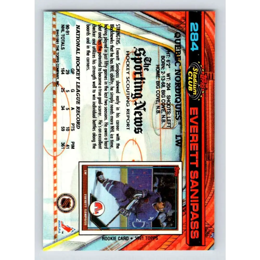 1991-92 Topps Stadium Club #284 Everett Sanipass NM-MT Quebec Nordiques Hockey Card Image 2
