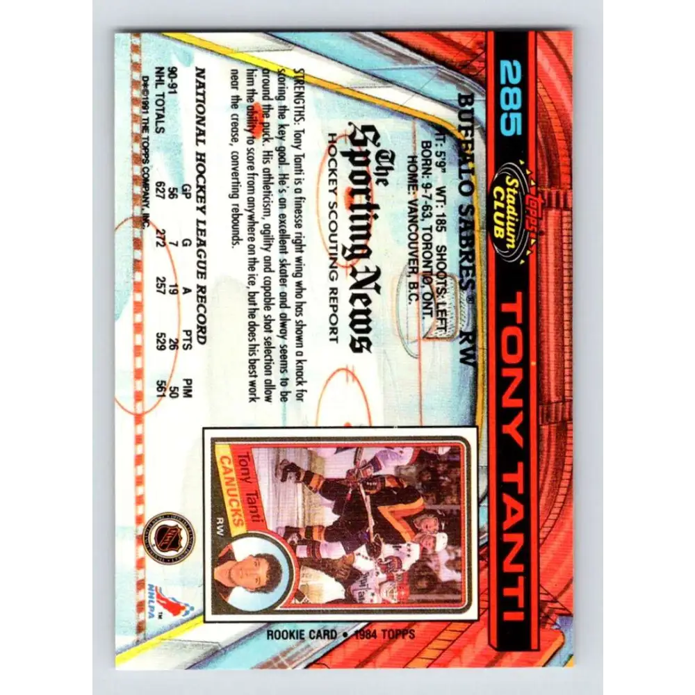 1991-92 Topps Stadium Club #285 Tony Tanti NM-MT Buffalo Sabres Hockey Card Image 2