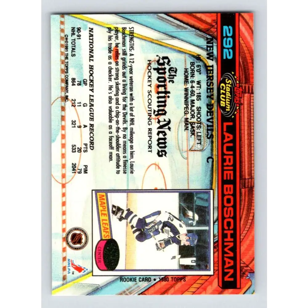 1991-92 Topps Stadium Club #292 Laurie Boschman NM-MT New Jersey Devils Hockey Card Image 2