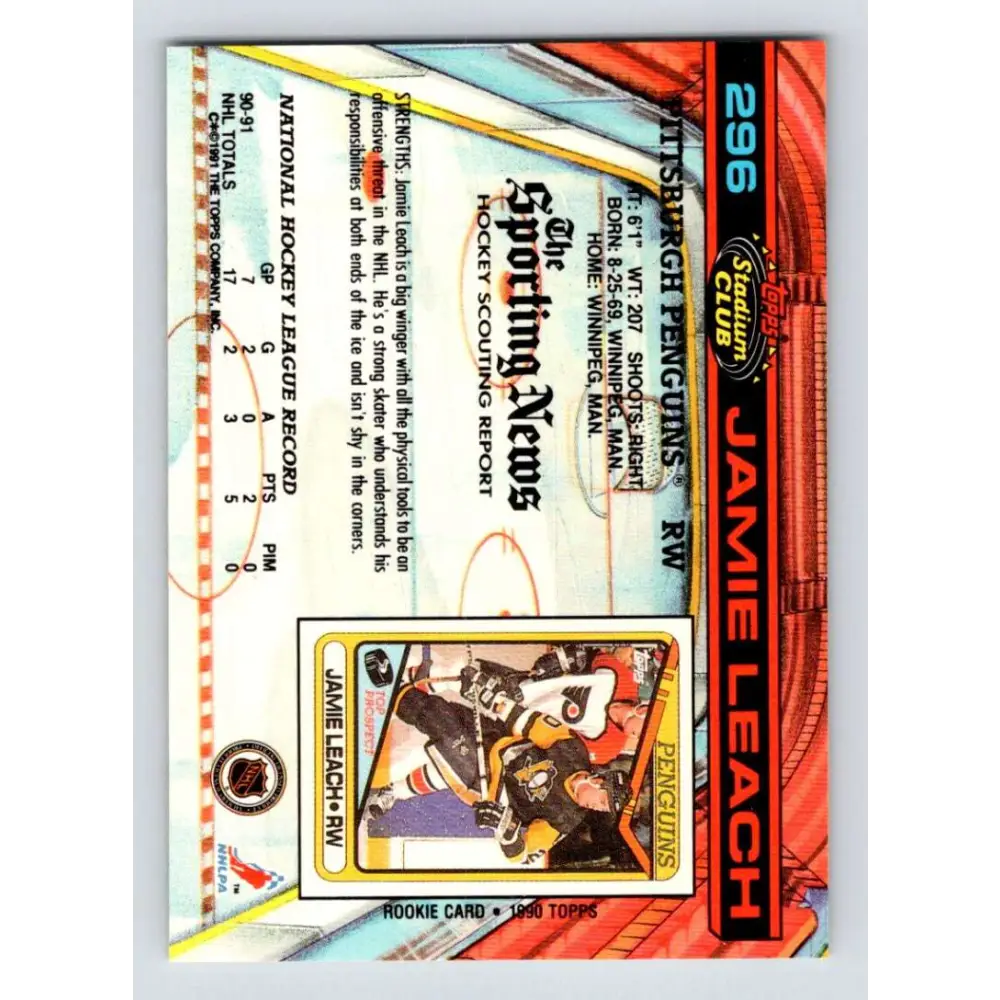 1991-92 Topps Stadium Club #296 Jamie Leach NM-MT Pittsburgh Penguins Hockey Card Image 2