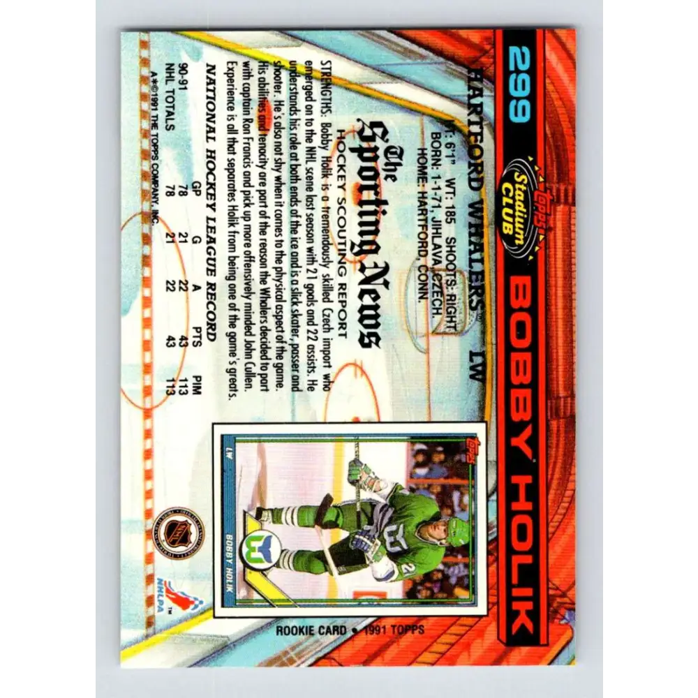 1991-92 Topps Stadium Club #299 Bobby Holik NM-MT Hartford Whalers Hockey Card Image 2