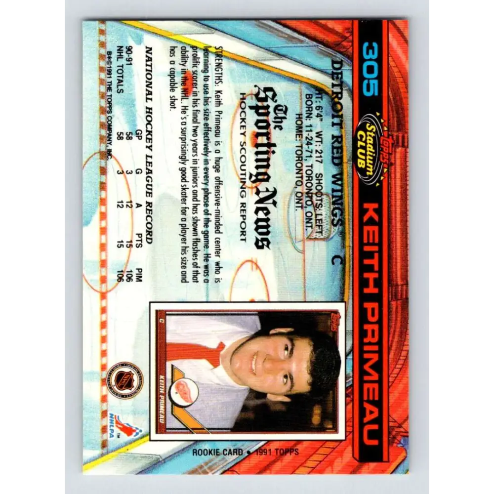 1991-92 Topps Stadium Club #305 Keith Primeau NM-MT Detroit Red Wings Hockey Card Image 2