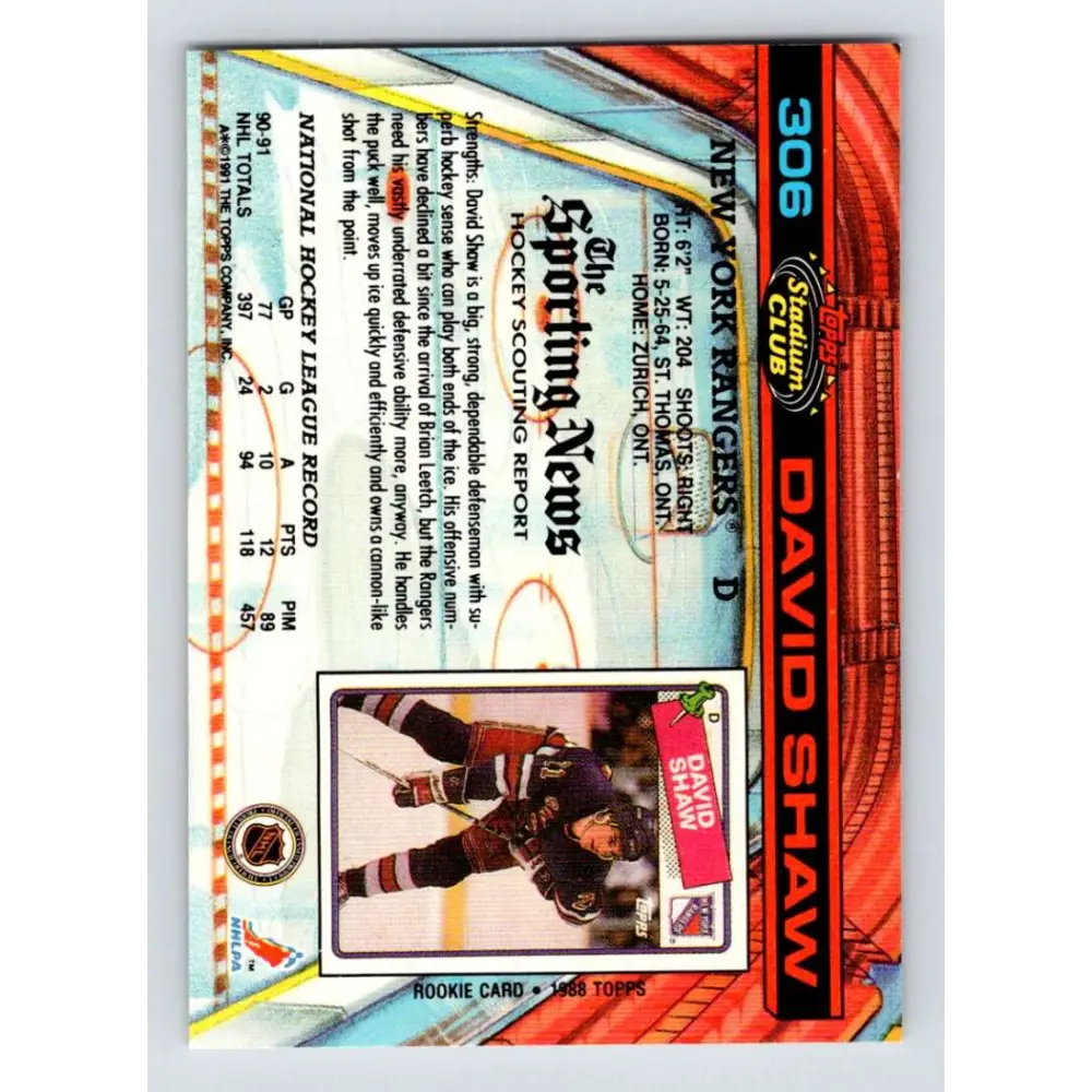1991-92 Topps Stadium Club #306 David Shaw NM-MT New York Rangers Hockey Card Image 2