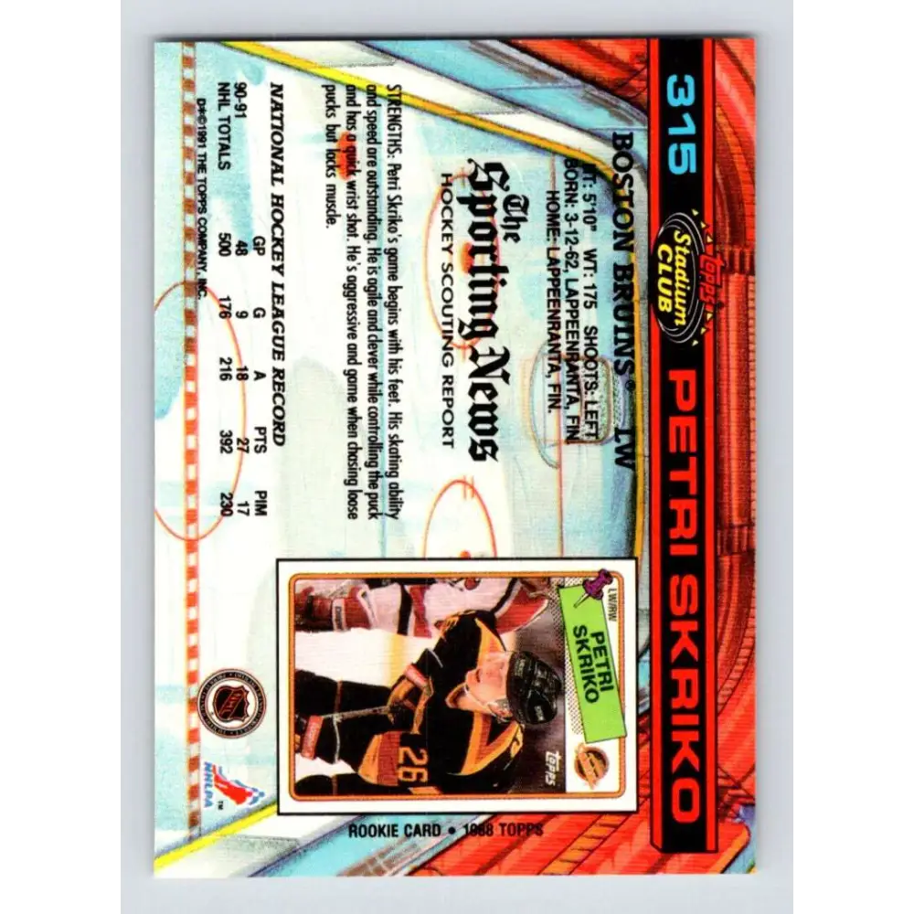 1991-92 Topps Stadium Club #315 Petri Skriko NM-MT Boston Bruins Hockey Card Image 2