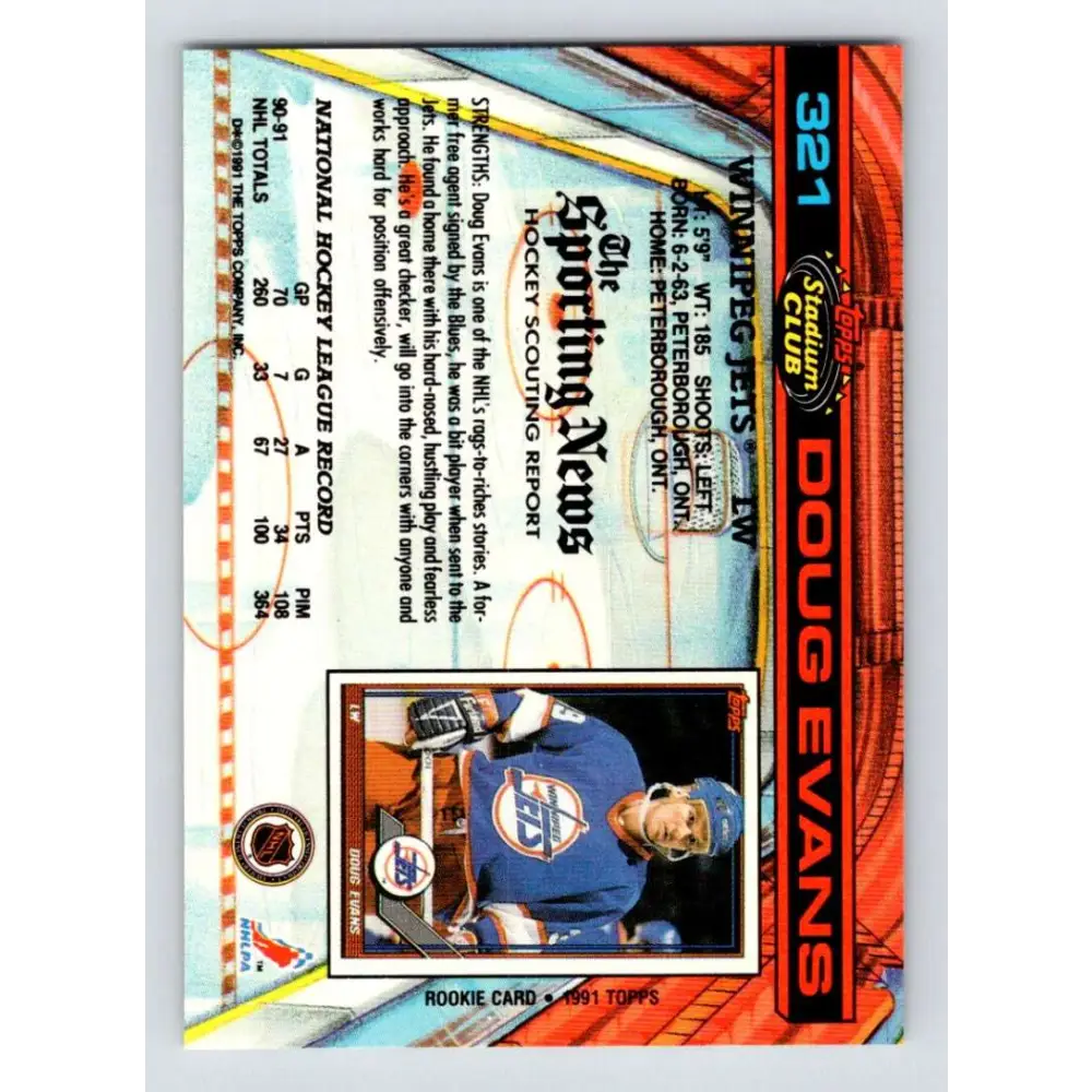1991-92 Topps Stadium Club #321 Doug Evans NM-MT Winnipeg Jets Hockey Card Image 2