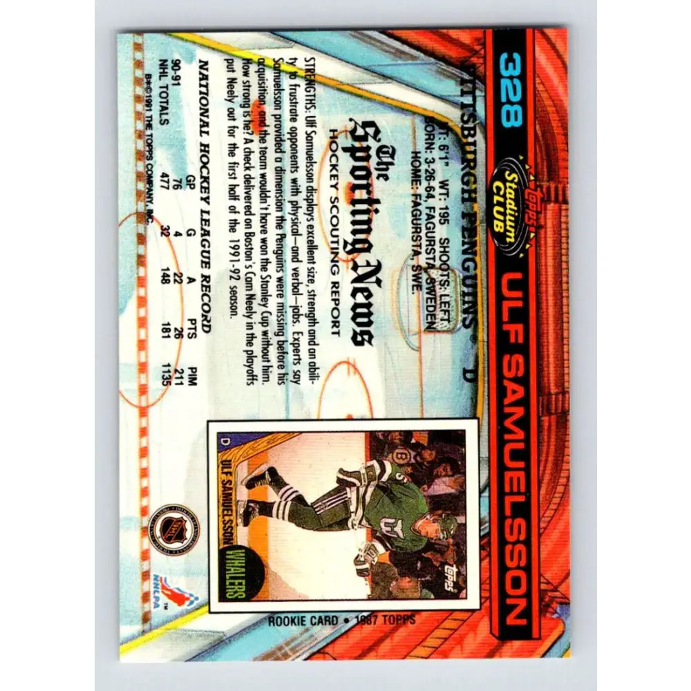 1991-92 Topps Stadium Club #328 Ulf Samuelsson NM-MT Pittsburgh Penguins Hockey Card Image 2