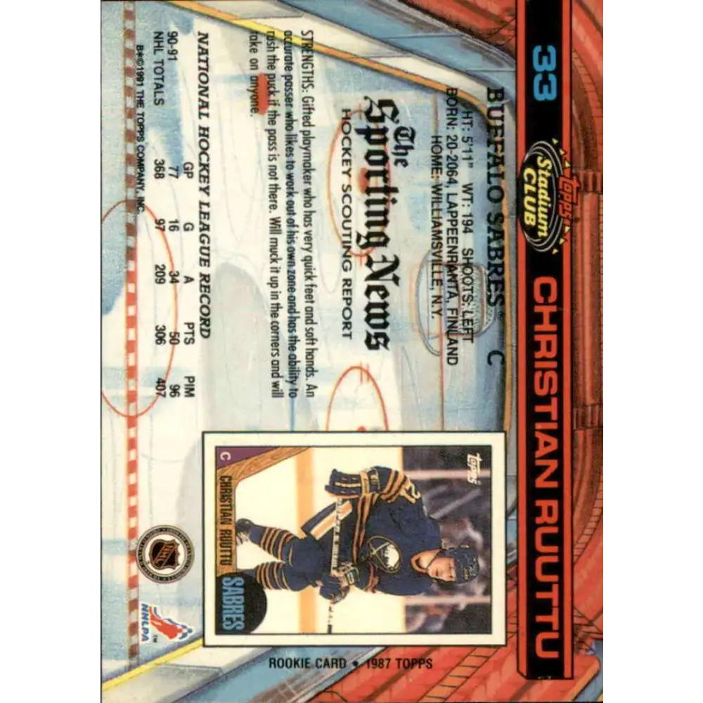 1991-92 Topps Stadium Club #33 Christian Ruuttu NM-MT Buffalo Sabres Hockey Card Image 2