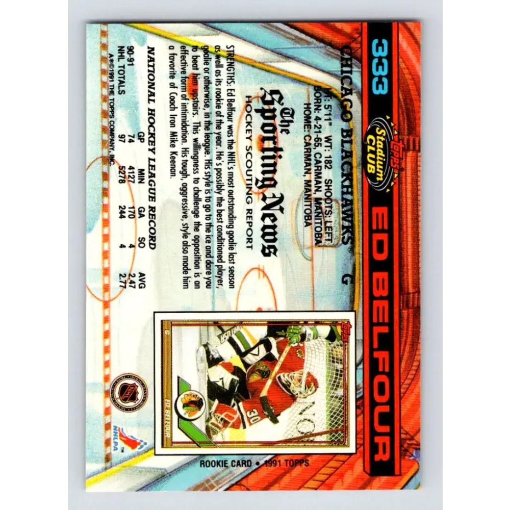 1991-92 Topps Stadium Club #333 Ed Belfour NM-MT Chicago Blackhawks Hockey Card Image 2