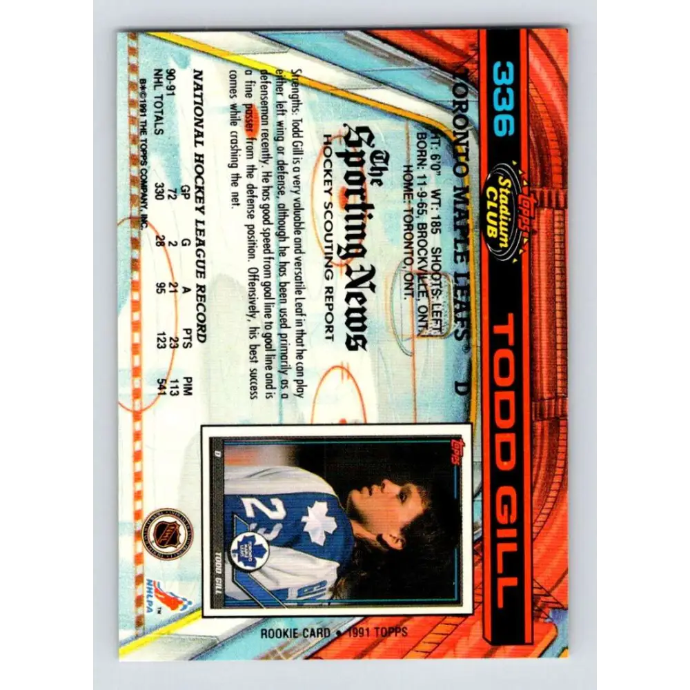 1991-92 Topps Stadium Club #336 Todd Gill NM-MT Toronto Maple Leafs Hockey Card Image 2