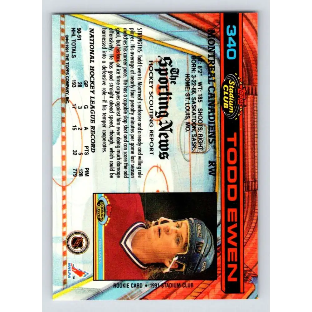 1991-92 Topps Stadium Club #340 Todd Ewen NM-MT Montreal Canadiens Hockey Card Image 2