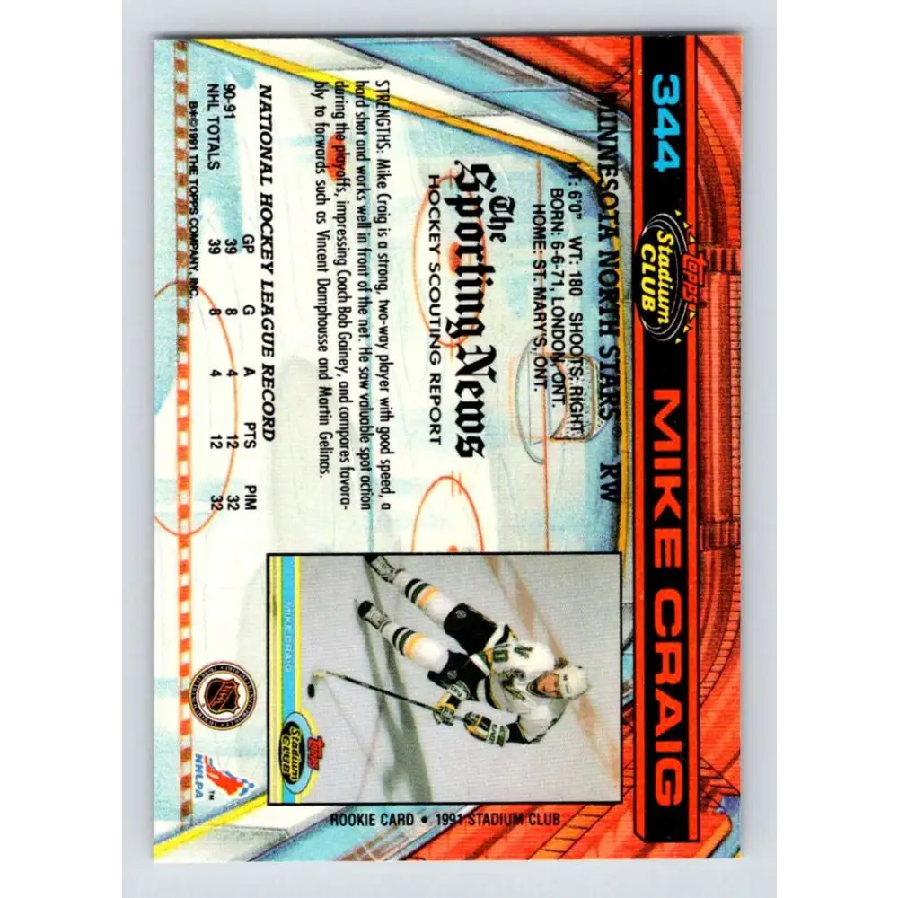 1991-92 Topps Stadium Club #344 Mike Craig NM-MT Minnesota North Stars Hockey Card Image 2