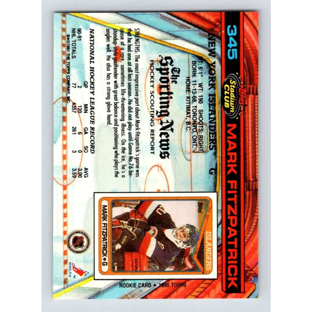 1991-92 Topps Stadium Club #345 Mark Fitzpatrick NM-MT New York Islanders Hockey Card Image 2