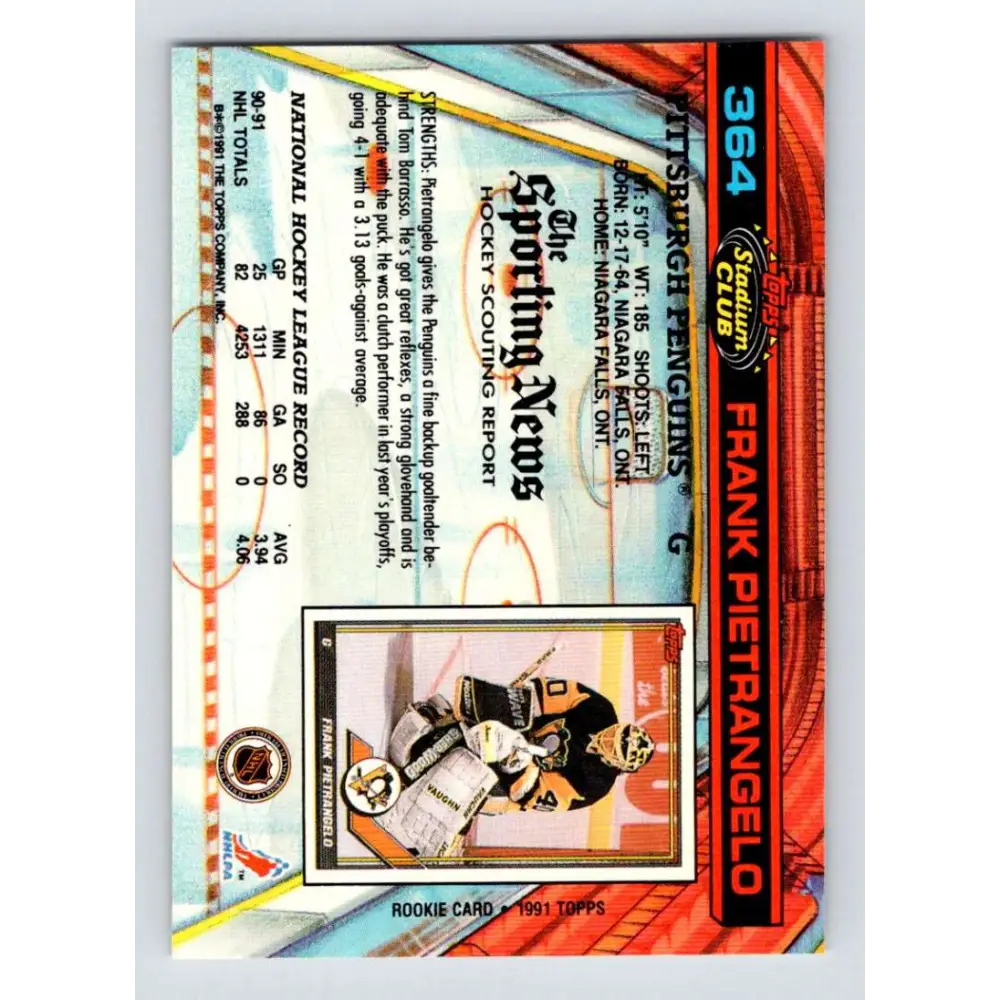 1991-92 Topps Stadium Club #364 Frank Pietrangelo NM-MT Pittsburgh Penguins Hockey Card Image 2