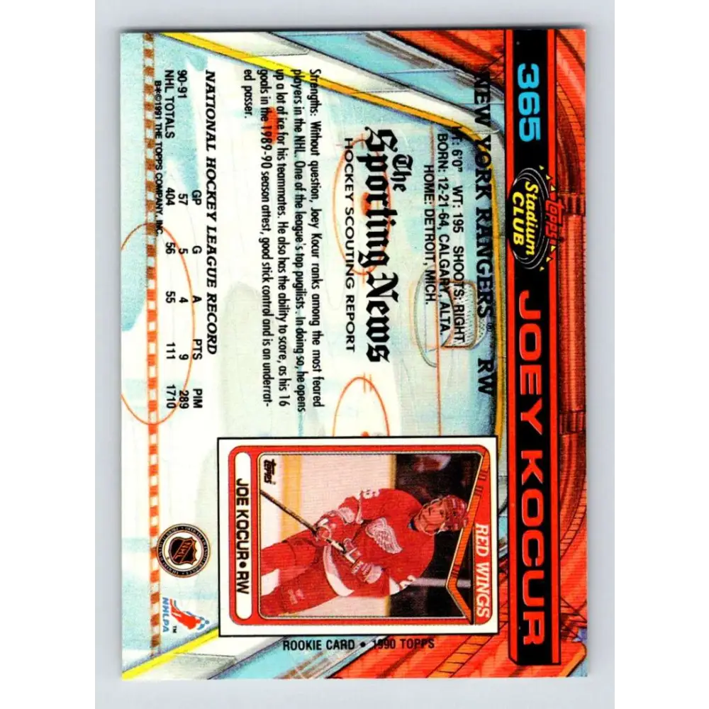 1991-92 Topps Stadium Club #365 Joey Kocur NM-MT New York Rangers Hockey Card Image 2