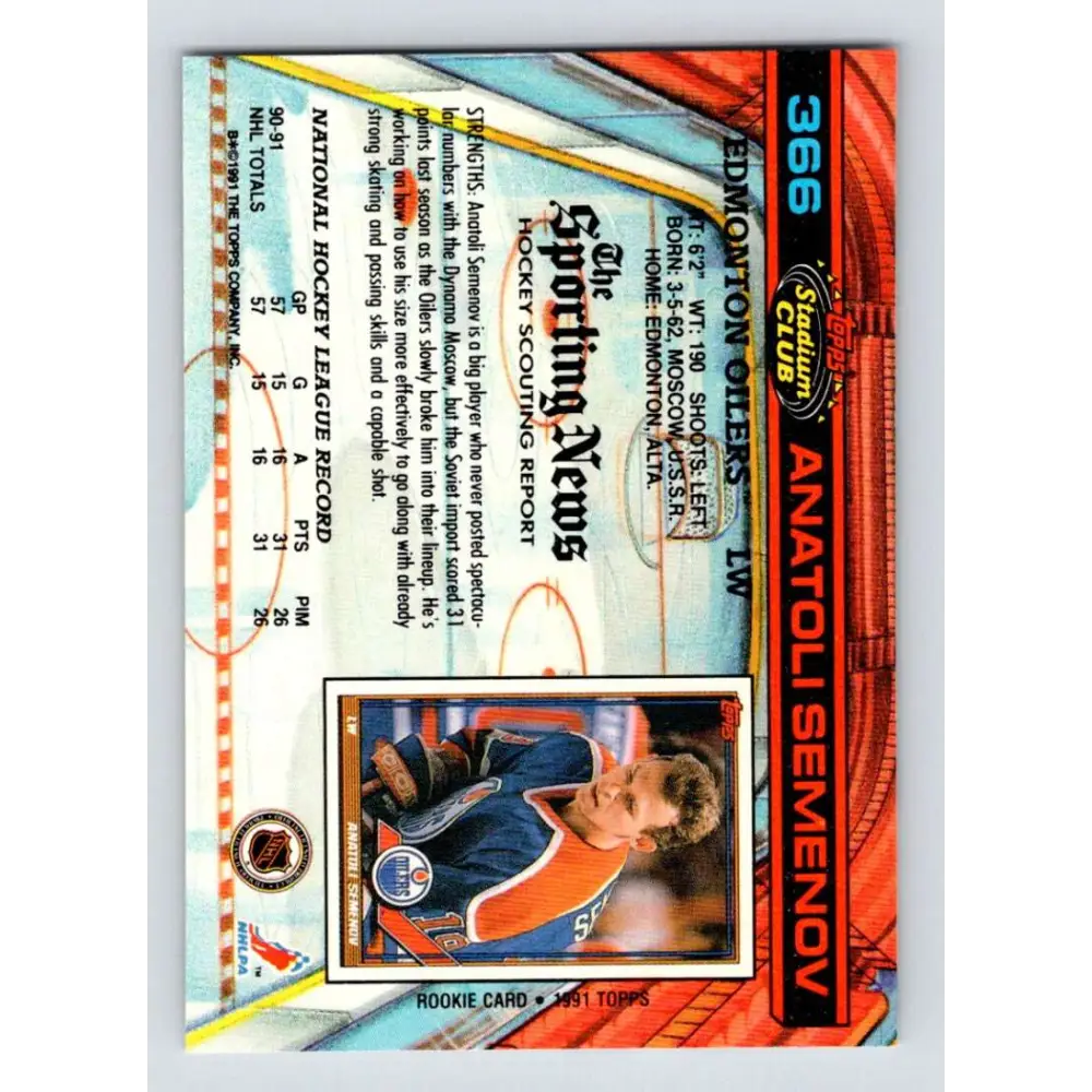1991-92 Topps Stadium Club #366 Anatoli Semenov NM-MT Edmonton Oilers Hockey Card Image 2