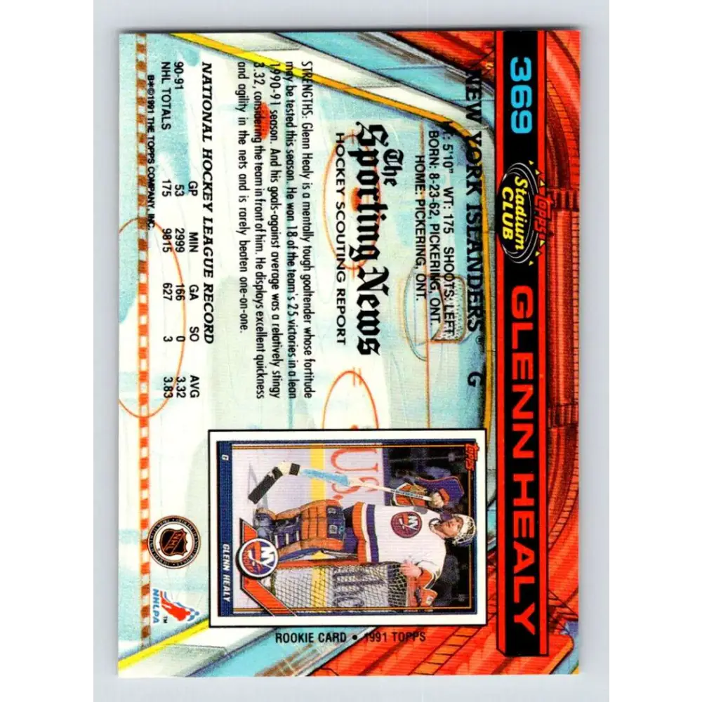 1991-92 Topps Stadium Club #369 Glenn Healy NM-MT New York Islanders Hockey Card Image 2