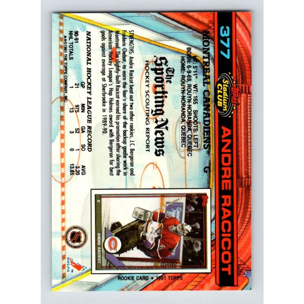 1991-92 Topps Stadium Club #377 Andre Racicot NM-MT RC Rookie Montreal Canadiens Hockey Card Image 2