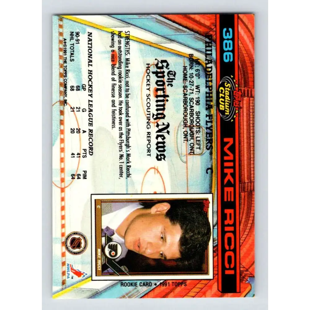 1991-92 Topps Stadium Club #386 Mike Ricci NM-MT Philadelphia Flyers Hockey Card Image 2