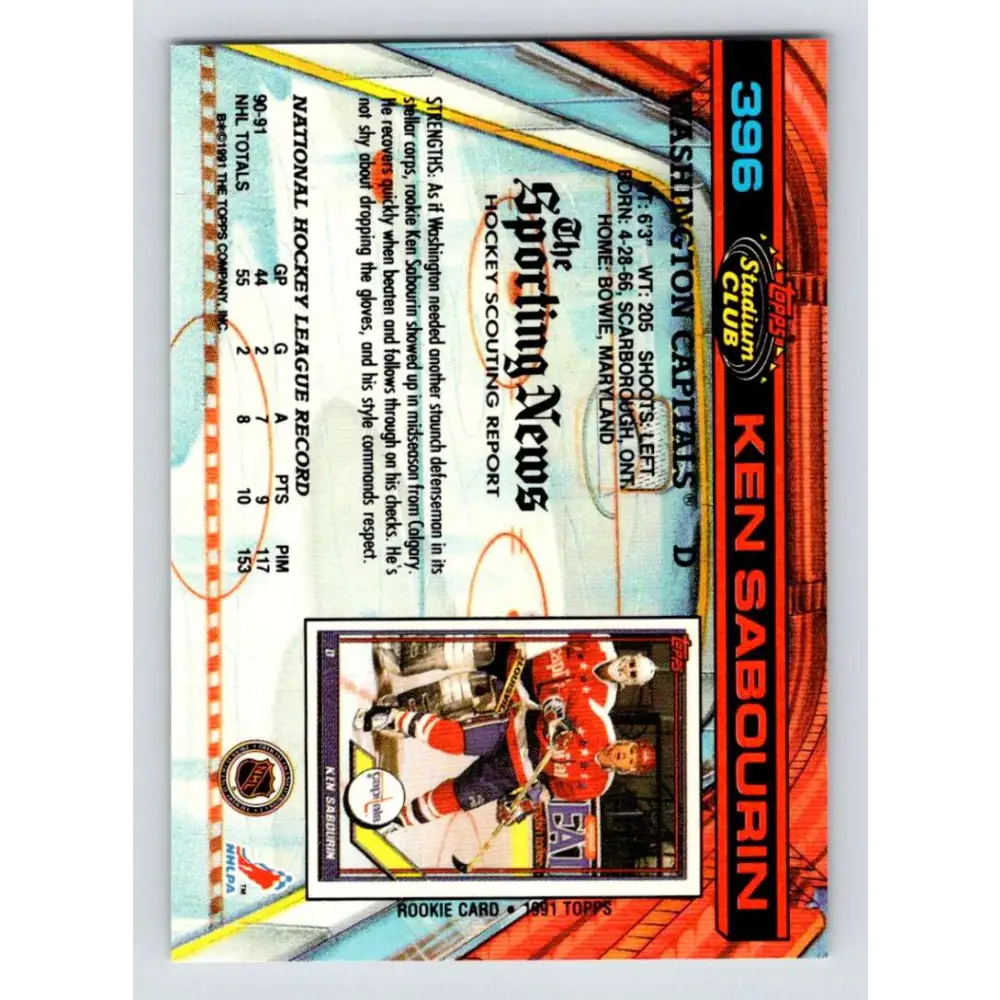 1991-92 Topps Stadium Club #396 Ken Sabourin NM-MT Washington Capitals Hockey Card Image 2