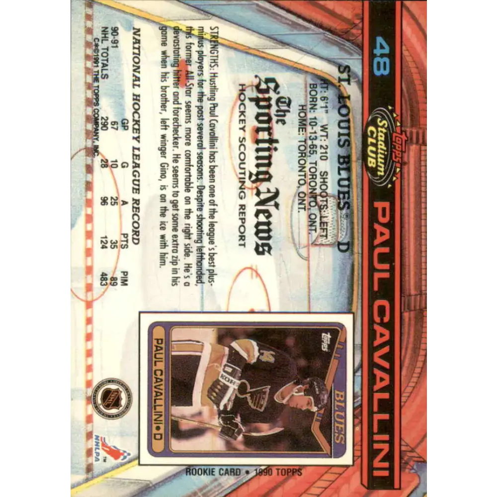 1991-92 Topps Stadium Club #48 Paul Cavallini NM-MT St. Louis Blues Hockey Card Image 2