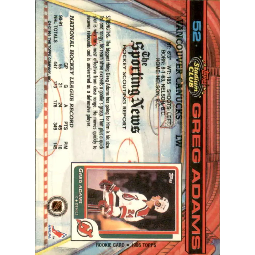 1991-92 Topps Stadium Club #52 Greg Adams NM-MT Vancouver Canucks Hockey Card Image 2