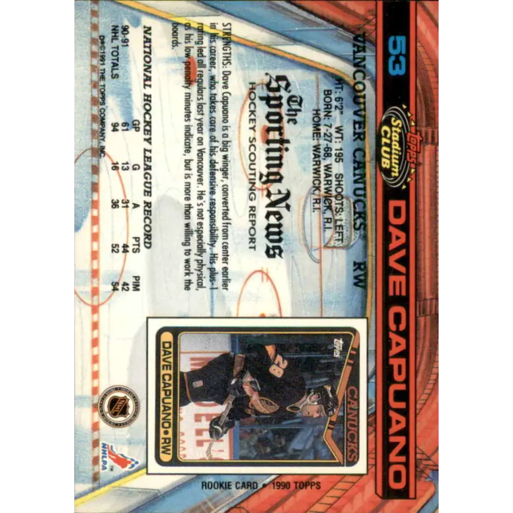 1991-92 Topps Stadium Club #53 Dave Capuano NM-MT Vancouver Canucks Hockey Card Image 2