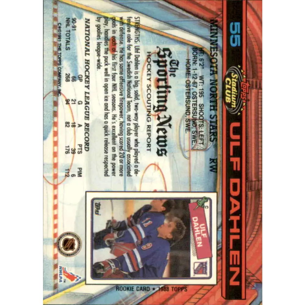 1991-92 Topps Stadium Club #55 Ulf Dahlen NM-MT Minnesota North Stars Hockey Card Image 2