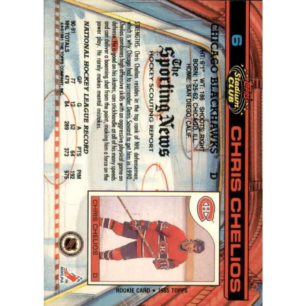 1991-92 Topps Stadium Club #6 Chris Chelios NM-MT Chicago Blackhawks Hockey Card Image 2