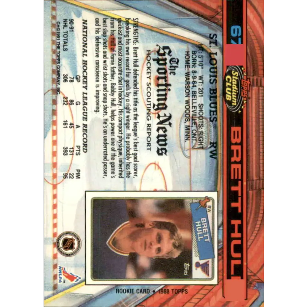 1991-92 Topps Stadium Club #67 Brett Hull NM-MT St. Louis Blues Hockey Card Image 2