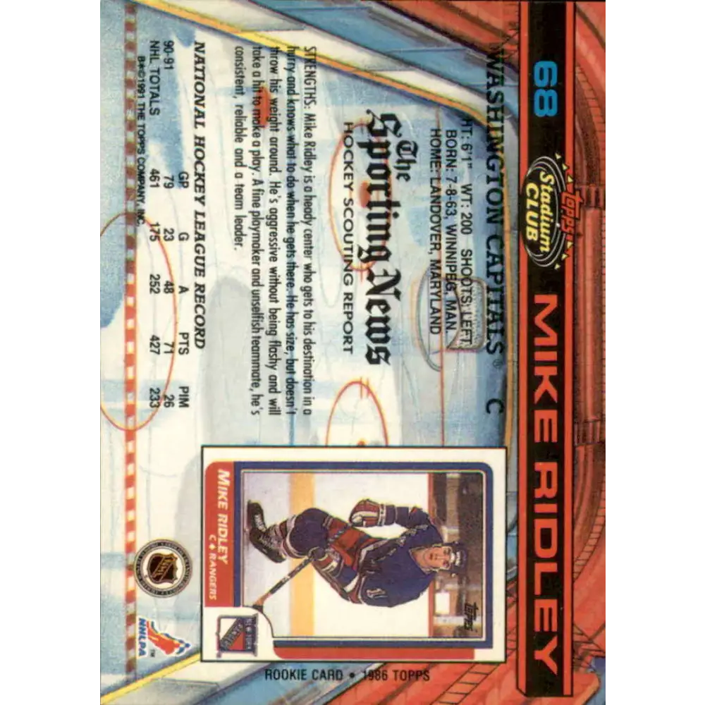 1991-92 Topps Stadium Club #68 Mike Ridley NM-MT Washington Capitals Hockey Card Image 2