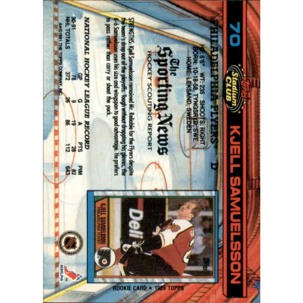 1991-92 Topps Stadium Club #70 Kjell Samuelsson NM-MT Philadelphia Flyers Hockey Card Image 2