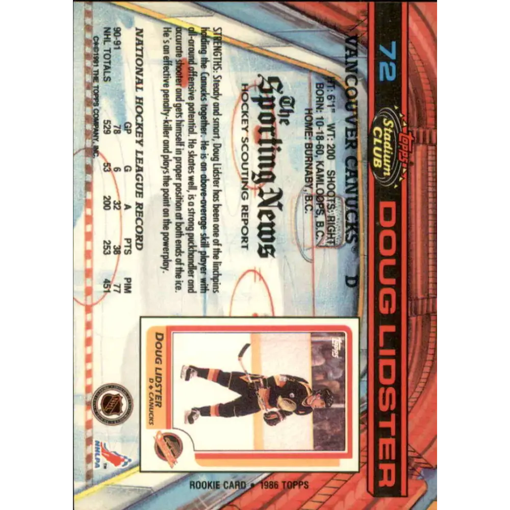 1991-92 Topps Stadium Club #72 Doug Lidster NM-MT Vancouver Canucks Hockey Card Image 2