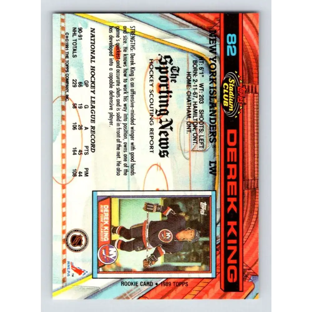 1991-92 Topps Stadium Club #82 Derek King NM-MT New York Islanders Hockey Card Image 2