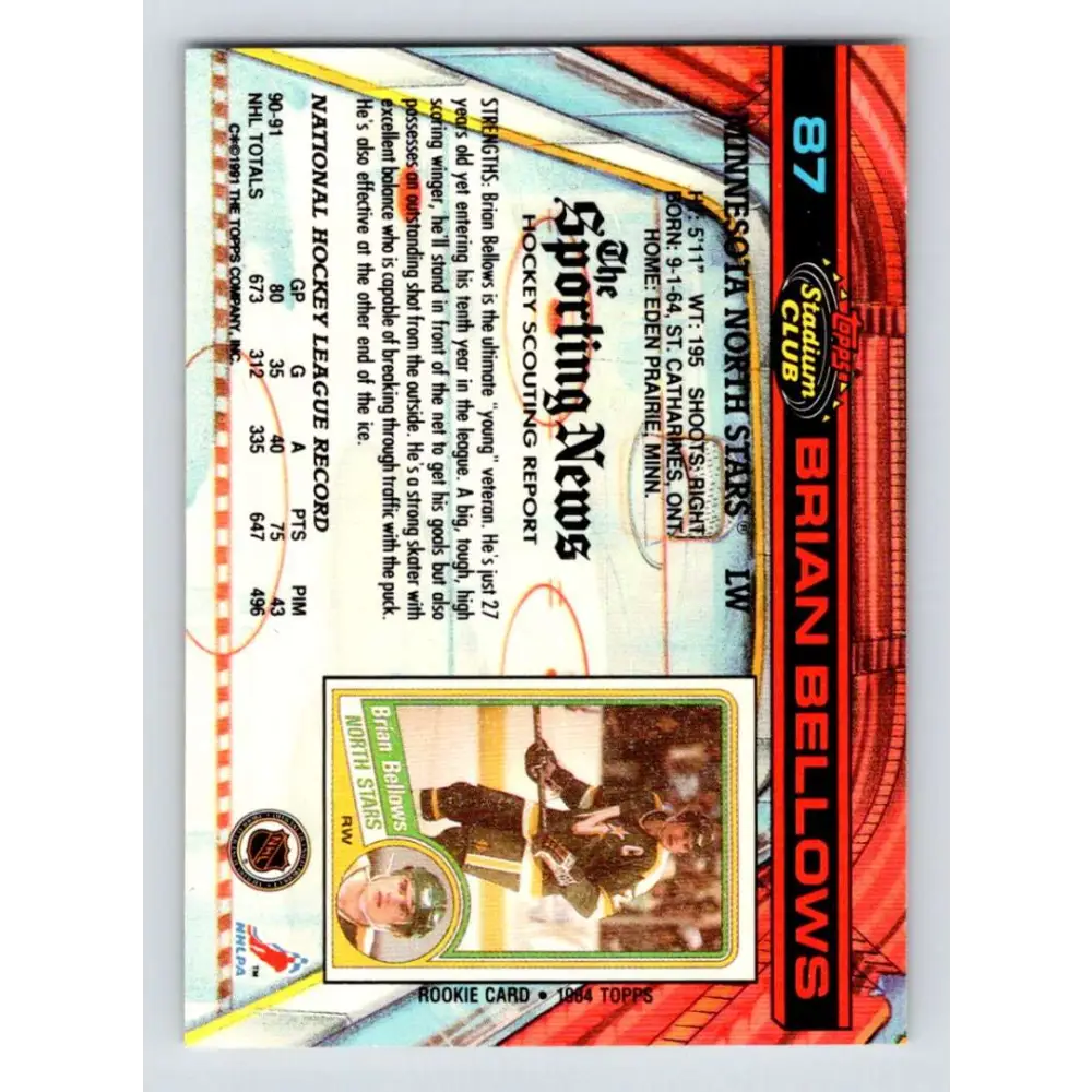 1991-92 Topps Stadium Club #87 Brian Bellows NM-MT Minnesota North Stars Hockey Card Image 2